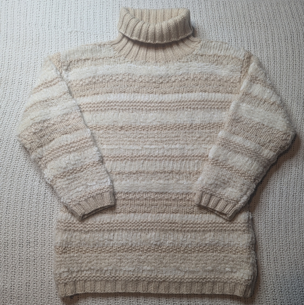VTG Women's Large Ivory White Striped Chunky Knit Chenille Turtleneck Sweater